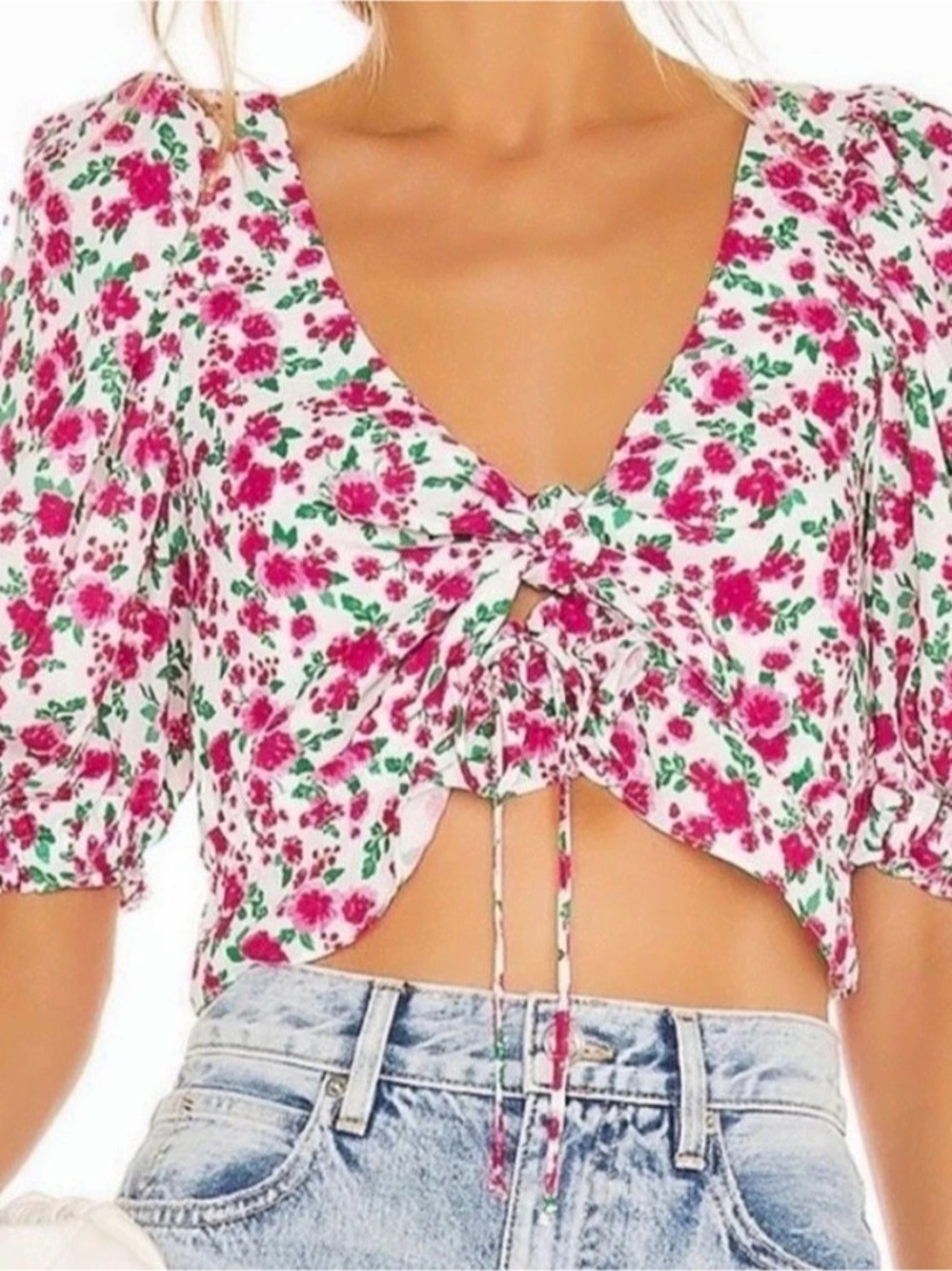 For Love & Lemons Claude Puff Sleeve Crop Top Floral White & Pink